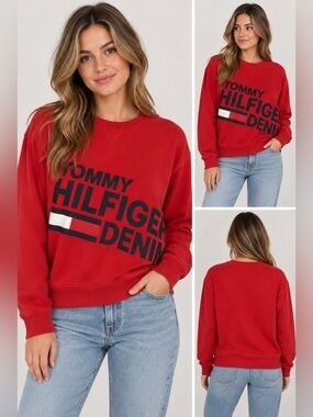 Tommy Hilfiger Denim Red Oversized Logo Crewneck Sweatshirt Size M